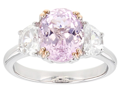 3.05ct Oval Kunzite & 1.19ctw Crescent Shape White Zircon Rhodium Over Sterling Silver 3-Stone Ring - Size 9