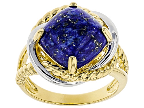 Photo of 11mm Square Cushion Lapis Lazuli Solitaire, Rhodium & 18k Yellow Gold Over Silver Two-Tone Ring - Size 9