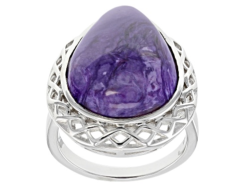 20x15mm Pear Shape Cabochon Purple Charoite Rhodium Over Sterling Silver Solitaire Ring - Size 7