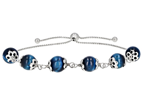 8mm Round Blue Tigers Eye Bead Rhodium Over Sterling Silver Bolo Bracelet