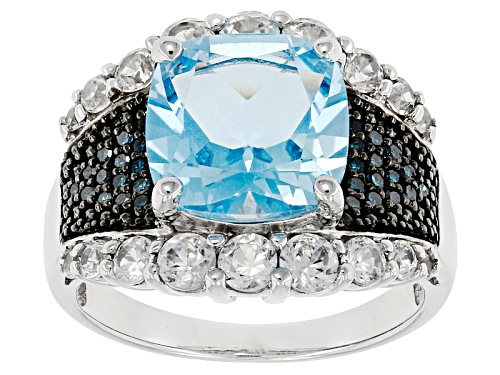 Photo of 4.12ct Square Cushion Glacier Topaz™, .14ctw Blue Diamonds And 1.35ctw White Zircon Silver Ring - Size 5