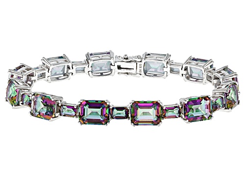 Photo of 37.81ctw 10x8mm And 6x4mm Emerald Cut Multicolor Quartz Rhodium Over Sterling Silver Bracelet - Size 8