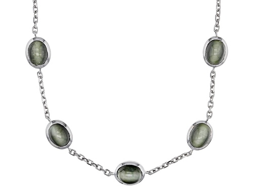 9x7mm Oval Cabochon Green Cats Eye Quartz Sterling Silver Endless Station Necklace - Size 24