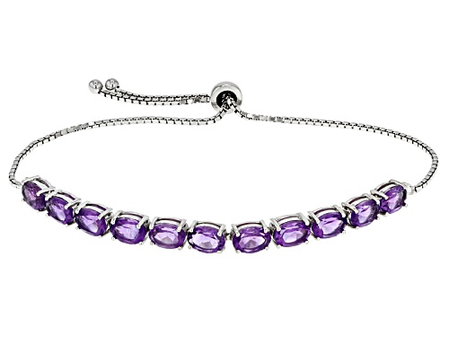 7.70ctw Oval African Amethyst Rhodium Over Silver Bolo Bracelet. Adjusts Approximately 6"-9" Length - Size 7.25