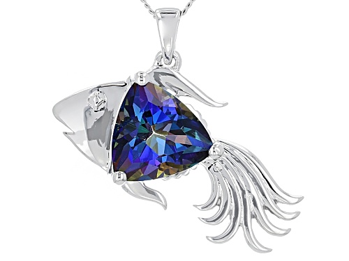 2.80ct Trillion Odyssey Blue™ Odyssey® Mystic Quartz® Sterling Silver Fish Pendant With Chain