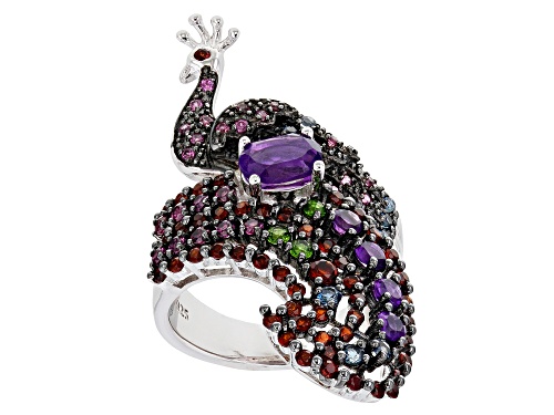 Photo of .68ct Oval African Amethyst With 1.49ctw Round Multi-Gem Rhodium Over Sterling Silver Peacock Ring - Size 7