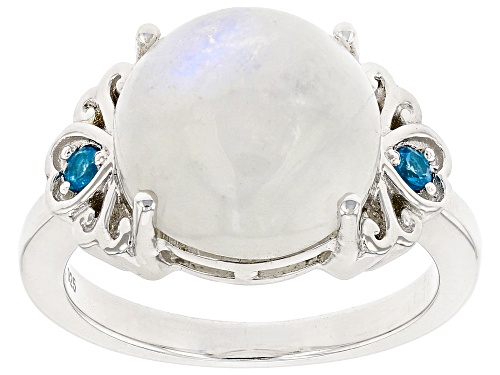 12mm Round Rainbow Moonstone With .06ctw Neon Apatite Rhodium Over Sterling Silver Ring - Size 7