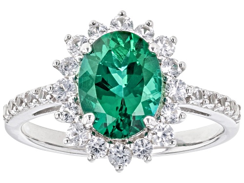 1.40ct Lab Created Emerald With 0.69ctw Lab White Sapphire Rhodium Over Sterling Silver Ring - Size 8