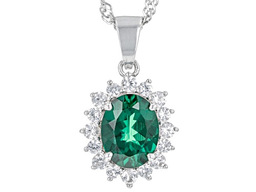 1.40ct Oval Lab Emerald With 0.49ctw Lab White Sapphire Rhodium Over Silver Pendant With Chain
