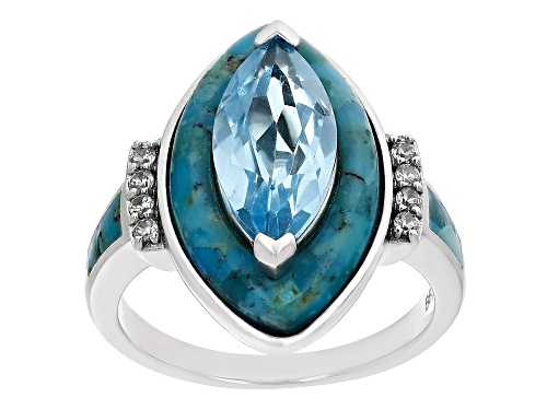 Photo of 2.72ctw Glacier Topaz™, 20x12mm Turquoise With 0.15ctw White Zircon Rhodium Over Silver Ring - Size 8