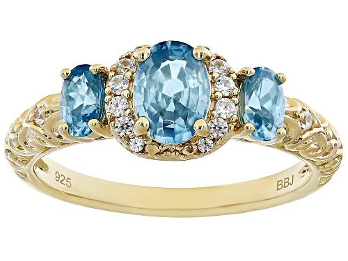 1.65ctw Oval Blue And .15ctw Round White Zircon 18k Yellow Gold Over Sterling Silver Ring - Size 10