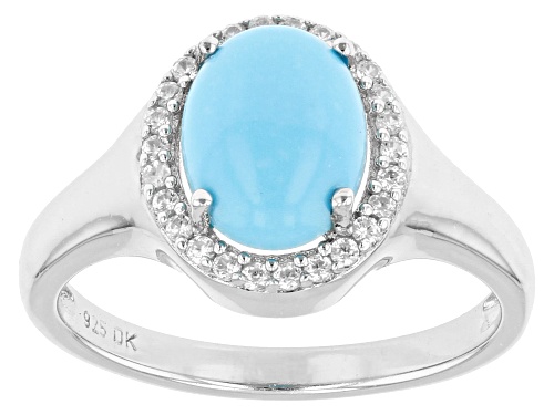 9x7mm Oval Sleeping Beauty Turquoise With .12ctw White Zircon Rhodium Over Sterling Silver Ring - Size 8