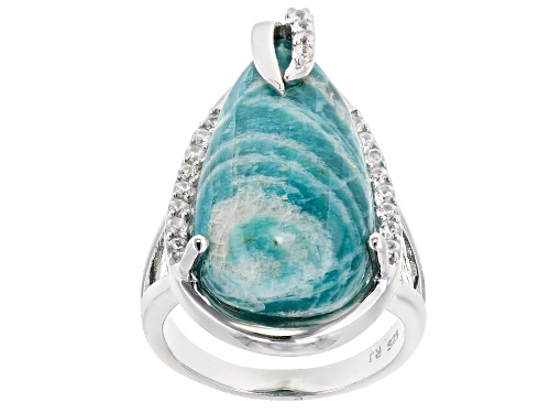 24x13mm Pear Shape Amazonite with .40ctw Round White Zircon Rhodium Over Sterling Silver Ring - Size 7