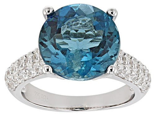 Photo of 6.33ct Round London Blue Topaz with 1.18ctw Round White Zircon Rhodium Over Sterling Silver Ring - Size 9