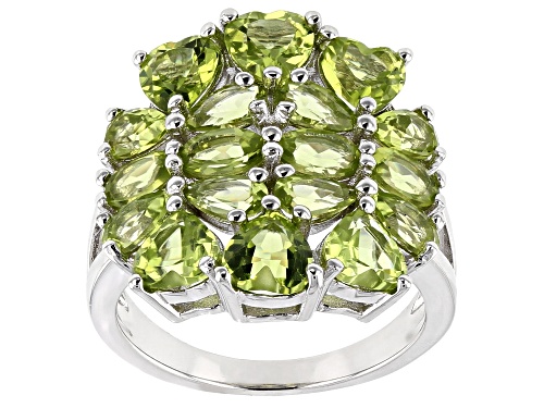 4.77ctw Mixed Shape Manchurian Peridot™ Rhodium Over Sterling Silver Cluster Ring - Size 6