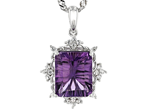 3.66ct Emerald Quantum Cut(R) Amethyst With .17ctw Zircon Rhodium Over Silver Pendant With Chain
