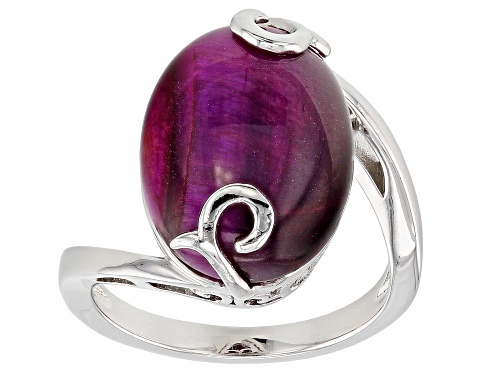 16X12MM OVAL CABOCHON PINK TIGER'S EYE SOLITAIRE RHODIUM OVER STERLING SILVER RING - Size 6