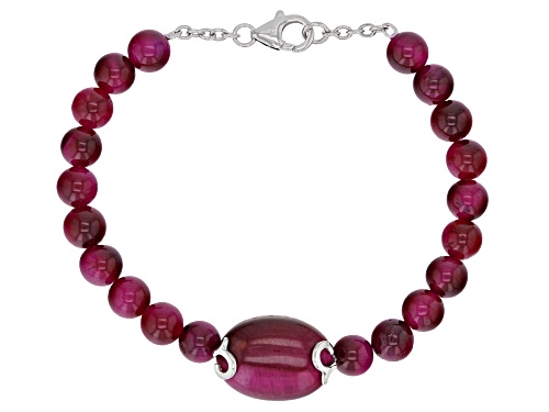 18X13MM OVAL CABOCHON AND 6MM ROUND BEAD PINK TIGER'S EYE RHODIUM OVER STERLING SILVER BRACELET - Size 7