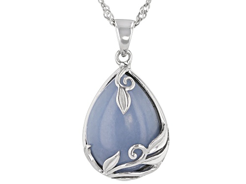 18X13MM PEAR SHAPE CABOCHON ANGELITE  RHODIUM OVER STERLING SILVER PENDANT WITH CHAIN