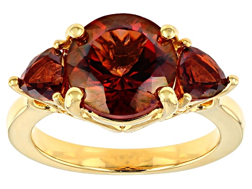 Photo of 3.66ctw Round & Trillion Red Labradorite 18k Yellow Gold Over Silver 3-Stone Ring - Size 9
