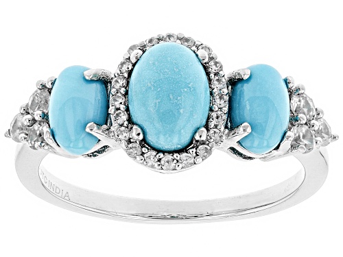 Photo of 7x5mm & 6x4mm Oval Sleeping Beauty Turquoise With .40ctw White Zircon Silver 3-Stone Band Ring - Size 7