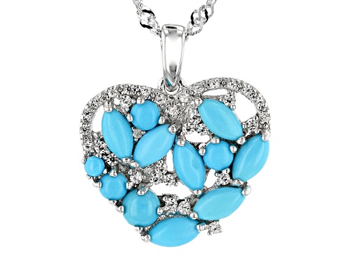 Sleeping Beauty Turquoise with .28ctw White Zircon Rhodium Over Silver Heart Pendant W/Chain