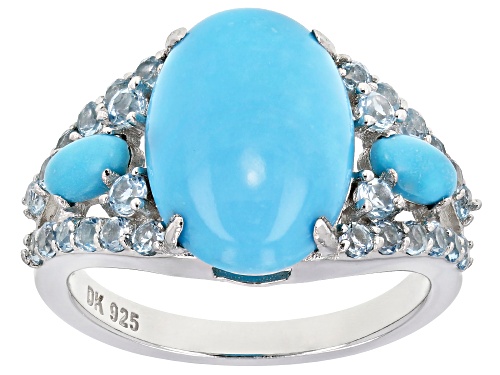 14x10mm & 5x3mm Oval Sleeping Beauty Turquoise With .75ctw Swiss Blue Topaz Rhodium Over Silver Ring - Size 8