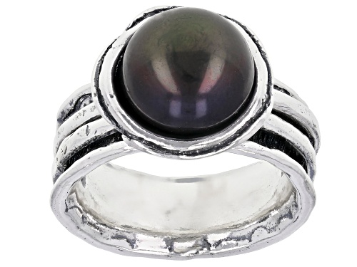 11mm Black Cultured Freshwater Pearl Sterling Silver Ring - Size 8