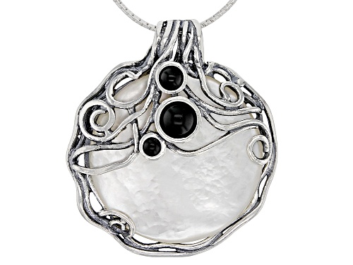Photo of White South Sea Mother-Of-Pearl With Black Onyx Sterling Silver Pendant With 18 Inch Chain