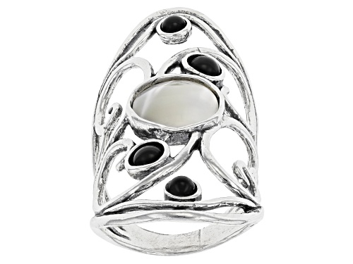 Photo of White South Sea Mother-Of-Pearl With Black Onyx Sterling Silver Ring - Size 8