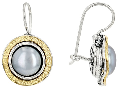 9-9.5mm Cultured Freshwater Pearl Sterling Silver & 14k Yellow Gold Over Silver Two-Tone Earrings