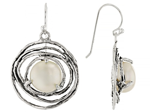 10-10.5mm White Cultured Freshwater Pearl Oxidized Sterling Silver Earrings