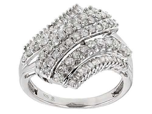 1.00ctw Round And Baguette White Diamond Rhodium Over Sterling Silver Ring - Size 7