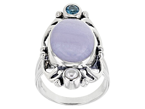 Photo of Artisan Collection of India™Blue Lace Agate,.23ct Blue Topaz & Cultured Freshwater Pearl Silver Ring - Size 9