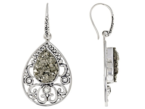 Artisan Collection of India™ Rough Pear Drusy Pyrite With 0.22ct Round Prasiolite Silver Earrings