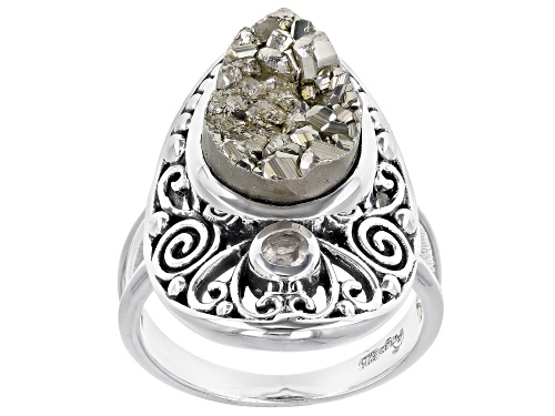 Artisan Collection of India™ Rough Pear Drusy Pyrite With 0.14ctw Round Prasiolite Silver Ring - Size 7