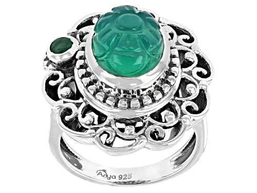 Photo of Artisan Collection Of India™ 9x11mm Oval Green Onyx With 0.14ct Round Emerald Sterling Silver Ring - Size 9