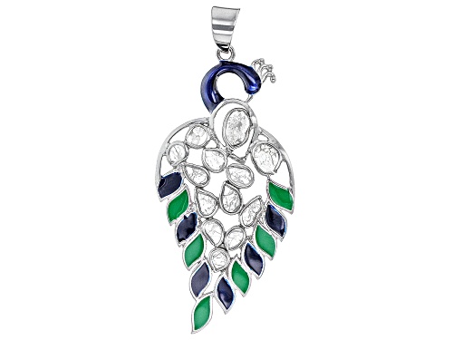 Photo of Artisan Collection of India™ Polki Diamond With Enamel Peacock Sterling Silver Pendant