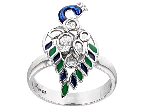 Photo of Artisan Collection of India™ Polki Diamond With Enamel Peacock Sterling Silver Ring - Size 12