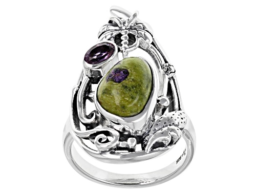 Photo of Artisan Collection Of India™ Tasmanian Serpentine And 0.18ctw Amethyst Silver Dragon Fly Ring - Size 10