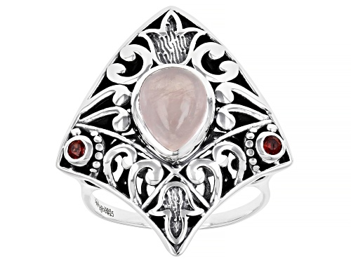 Photo of Artisan Collection of India™ 7x9mm Pear Rose Quartz and .06ctw Round Red Garnet Sterling Silver Ring - Size 8