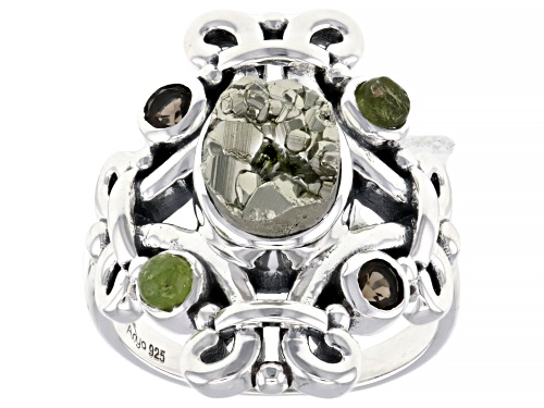 Artisan Collection of India™ Pyrite, Smokey Quartz and Idocrase Sterling Silver Ring - Size 9