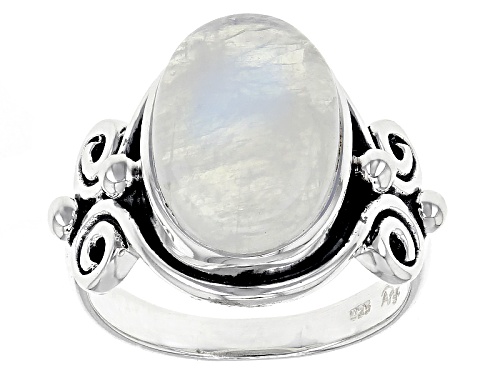 Photo of Artisan Gem Collection Of India, 14x10mm Oval Cabochon Rainbow Moonstone Silver Solitaire Ring - Size 11