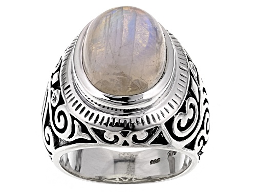Artisan Gem Collection Of India, Oval Cabochon Rainbow Moonstone Sterling Silver Solitaire Ring - Size 6