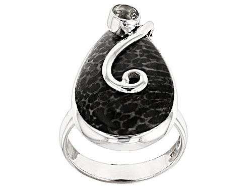 Artisan Gem Collection Of India, Pear Shape Black Fossilized Coral With .10ct Prasiolite Silver Ring - Size 6