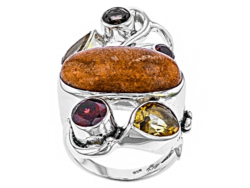Artisan Gem Collection Of India, Sponge Coral, 4.30ctw Smoky Quartz, Citrine, And Garnet Silver Ring - Size 6