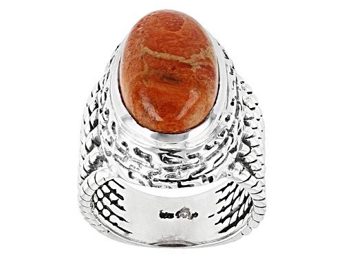 Artisan Collection Of India, 18x11mm Oval Cabochon Sponge Coral Sterling Silver Solitaire Ring - Size 5