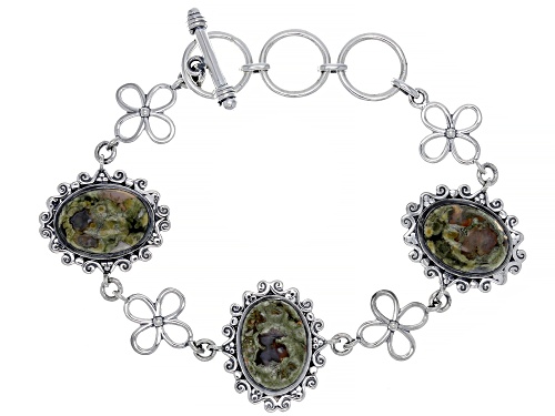 Photo of Artisan Collection of India™ 18x13mm Oval Rainforest Jasper Cabochon Silver Floral Bracelet - Size 8