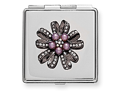 Faux Pearl & Clear Crystal Floral Design Square Silver Tone Compact Mirror