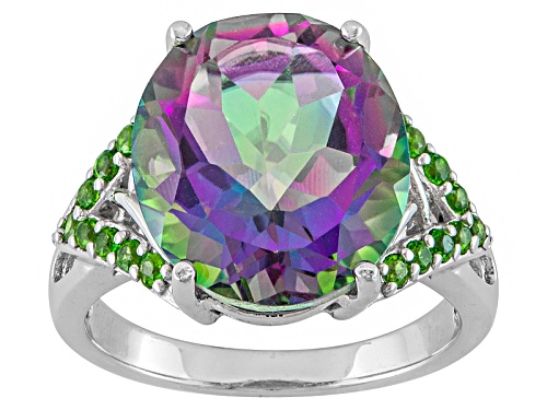 Photo of 6.18ct Oval Mystic® Green Quartz With .31ctw Round Chrome Diopside Rhodium Over Silver Ring - Size 10